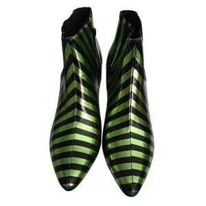 Green Black Striped Metallic Pointed Toe Kitten Heel Ankle Boots T4730 Size 8M